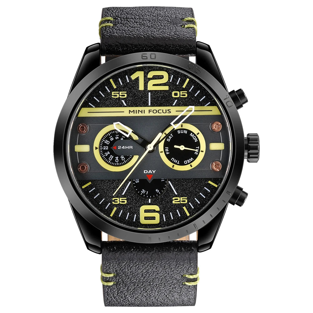 MINIFOCUS Men's Japanese Black Quartz Watch Multifunction Waterproof True Belt Trendy Casual Fashion Watch Gift for Men