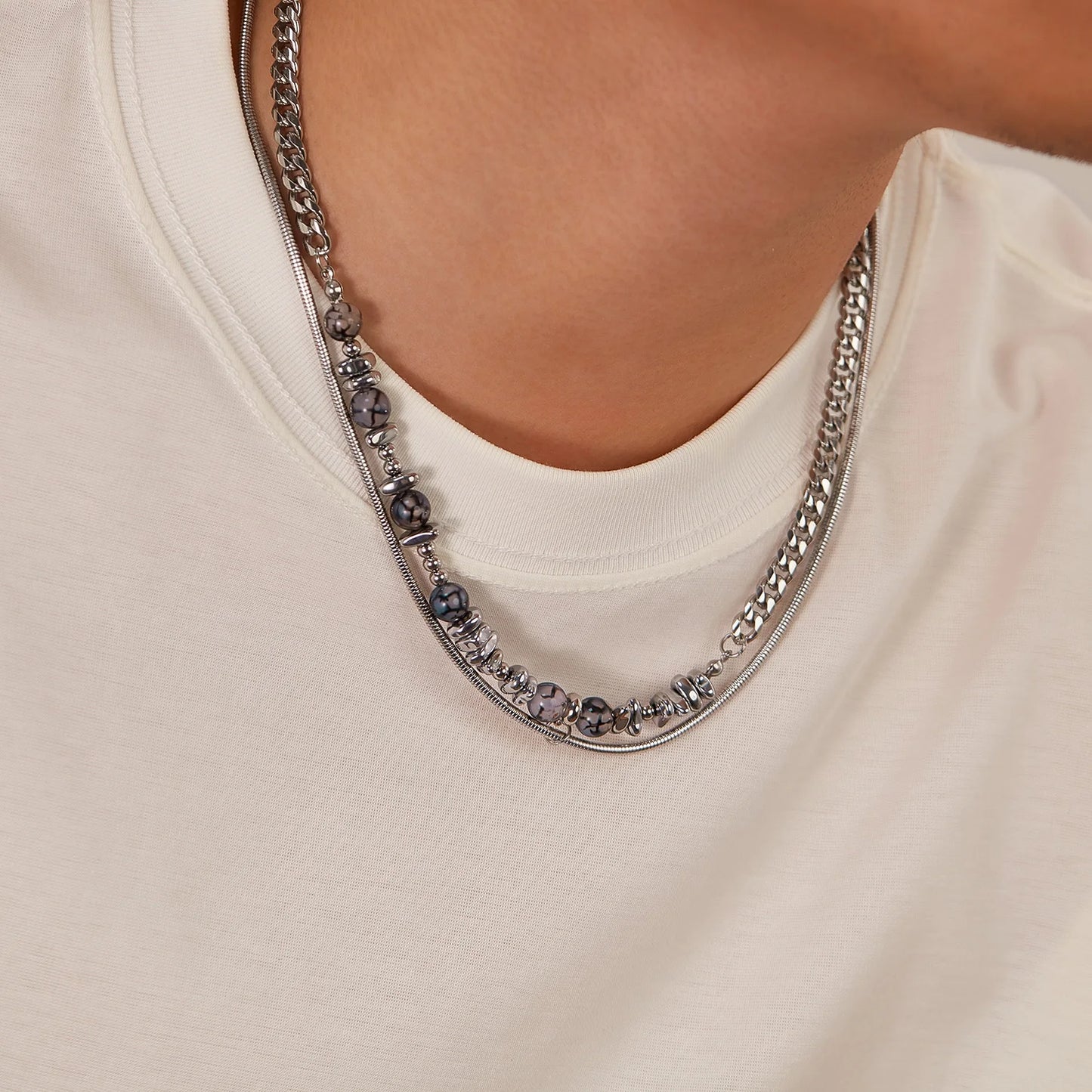 Men’s Minimalist Double Layer Necklace – Black Agate & Stainless Steel Cuban Chain with Natural Stone Detail