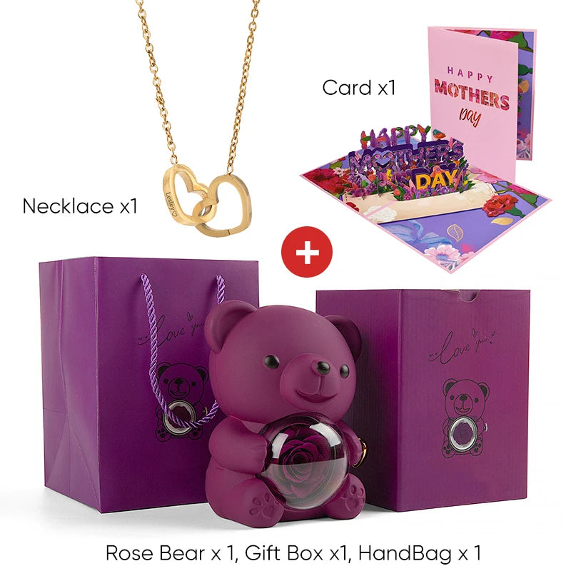 2025 New Beautiful 3D Mother's Day Card Roses Teddy Bear and Necklace Best Personalized Unique Mother’s Day Gifts for Mom