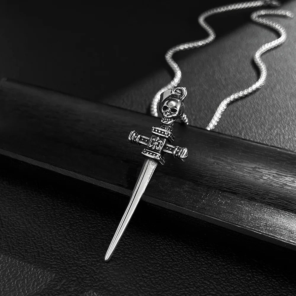 Men’s Skull Cross Sword Pendant Necklace – Retro Punk Stainless Steel Jewelry