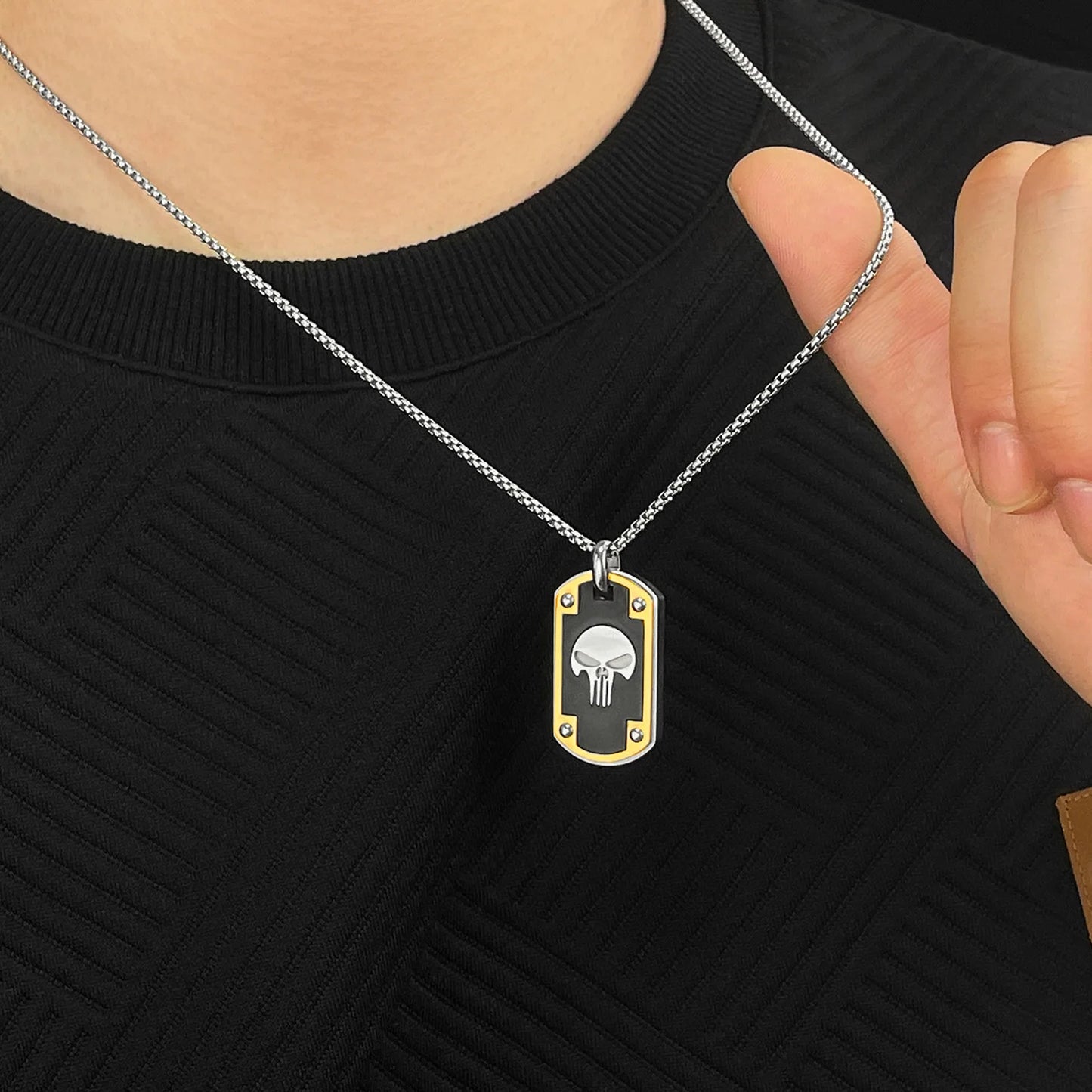 Men’s Skull Dog Tag Pendant Necklace – Hip Hop Military Style Stainless Steel Chain
