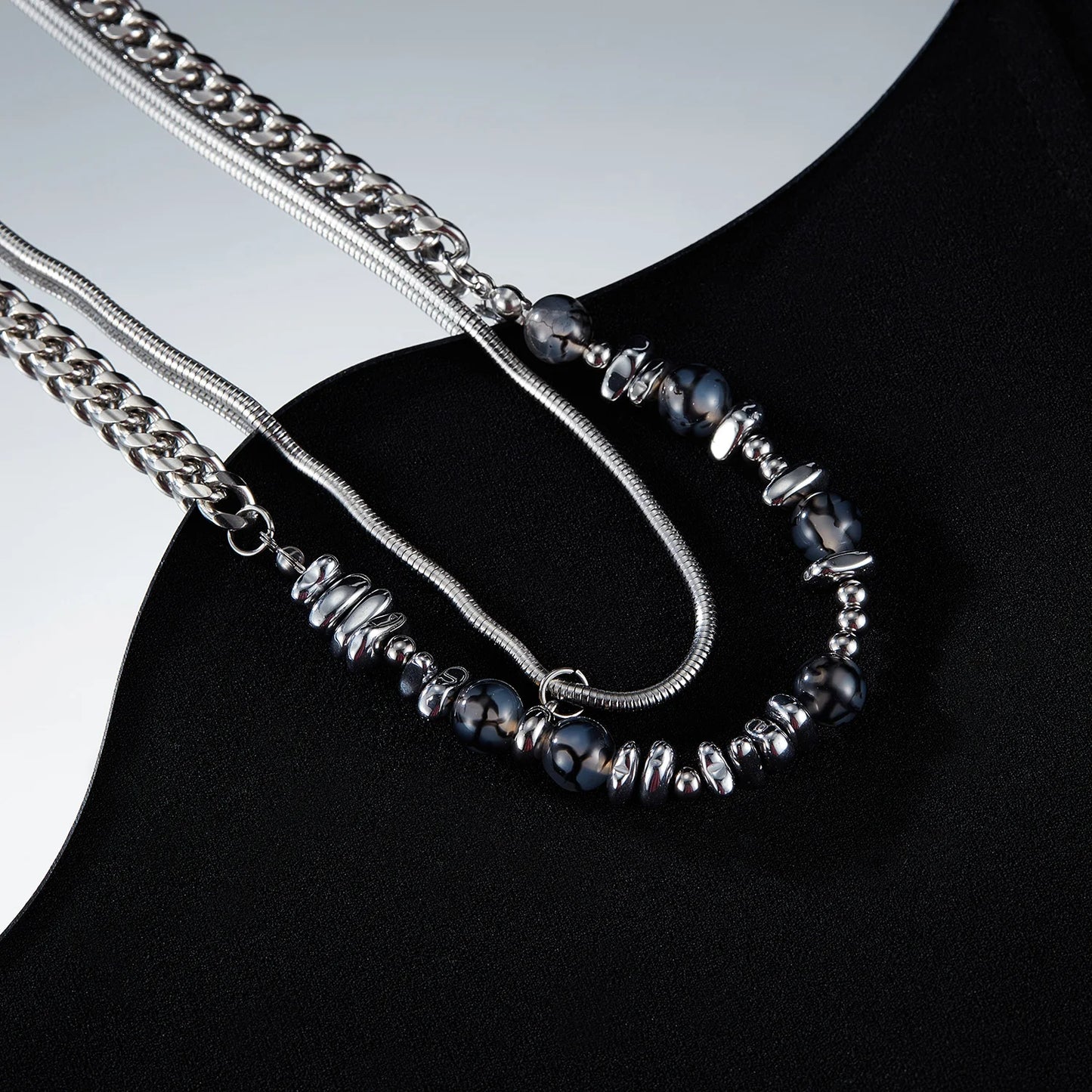 Men’s Minimalist Double Layer Necklace – Black Agate & Stainless Steel Cuban Chain with Natural Stone Detail