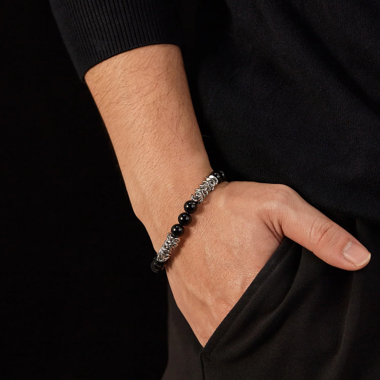 Unisex Black Glass Bead Bracelet – Minimalist Titanium Steel Wristband, High-End Stainless Steel Jewelry for Men & Women