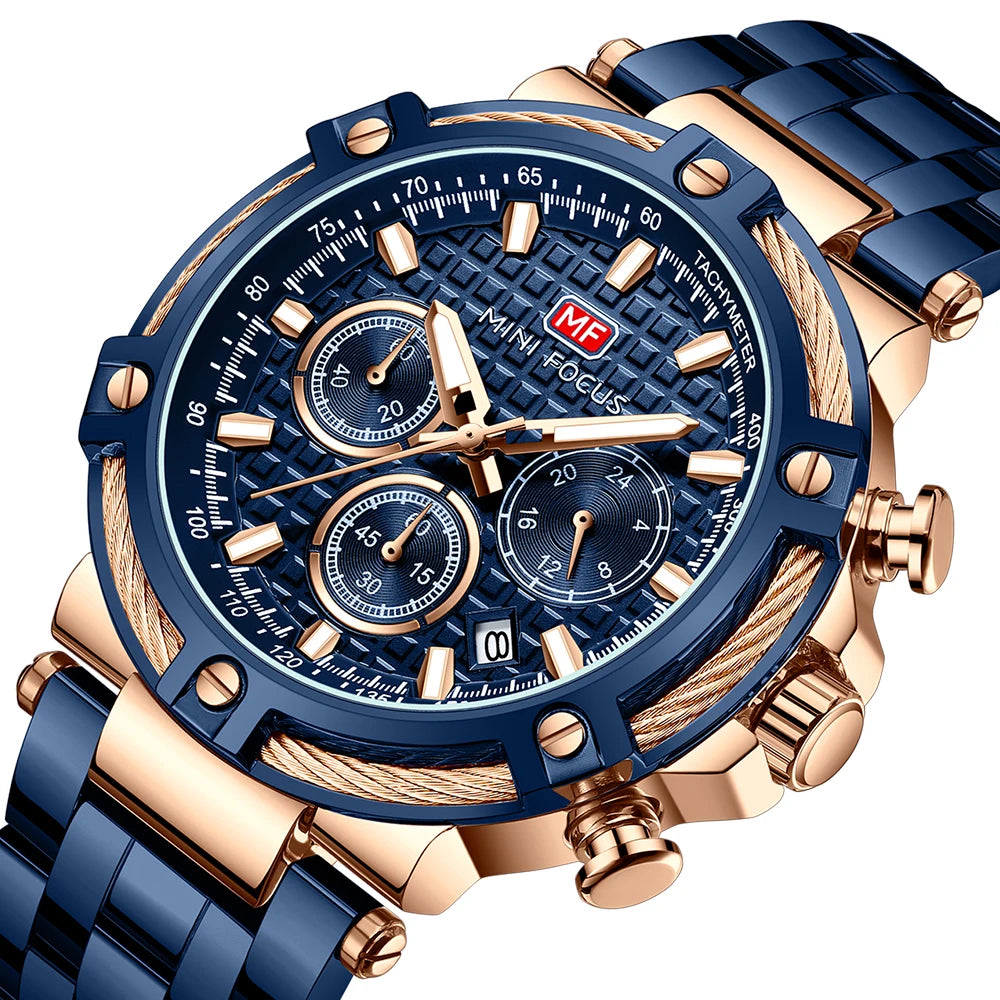 MINIFOCUS Men's Luxury Business Casual Watch Waterproof Quartz Wristwatch Luminous Stainless Steel Fashion Chronograph for Work