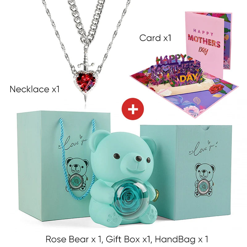 Mother's Day 3D Card Red Zircon Heart and Sword Necklace Double Necklace Real Rose Hug Bear Mothers Day Jewelry Gift Set for Mom