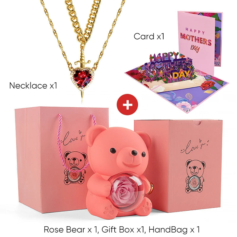 Mother's Day 3D Card Red Zircon Heart and Sword Necklace Double Necklace Real Rose Hug Bear Mothers Day Jewelry Gift Set for Mom