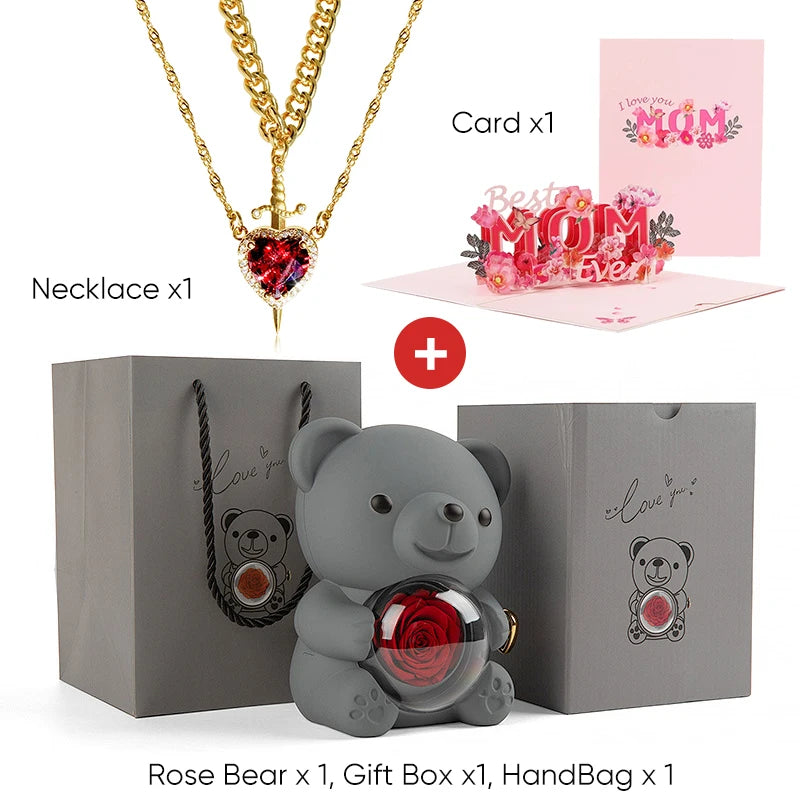 Mother's Day 3D Card Red Zircon Heart and Sword Necklace Double Necklace Real Rose Hug Bear Mothers Day Jewelry Gift Set for Mom