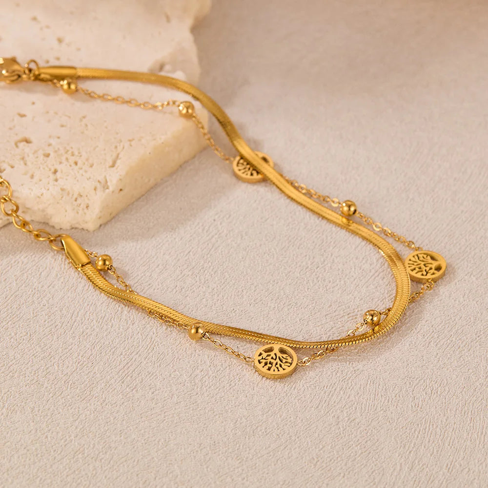 Vintage Double-Layer Tree of Life Bracelet for Women – Stainless Steel Snake Chain Layered Wrist Jewelry
