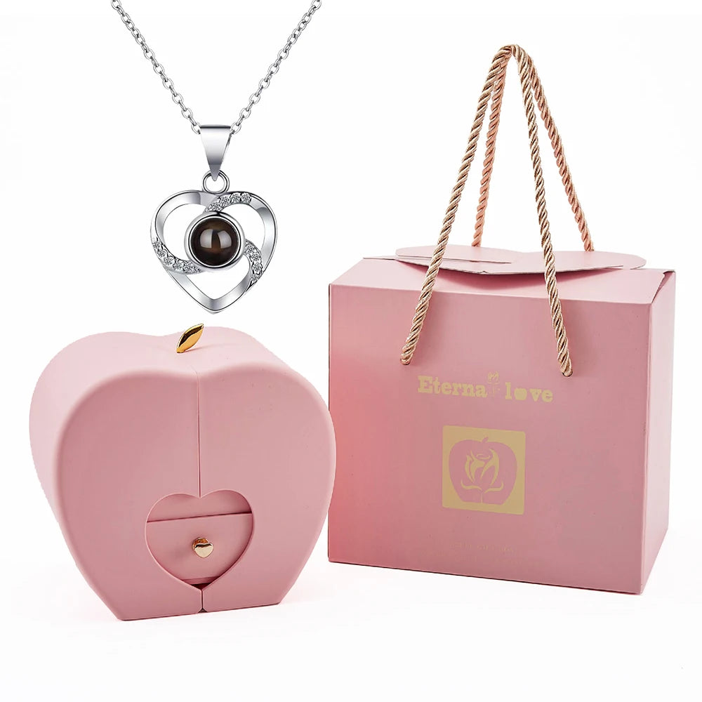 Mother’s Day Jewelry Gift Set – 100 Languages I Love You Projection Heart Necklace with Eternal Apple Flower Gift Box for Mom