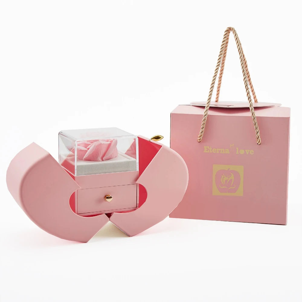 Hot Romantic Sakura Pink Eternal Rose Jewelry Box & Heart Gemstone Stainless Steel Necklace Mother's Day Surprise Gift for Women