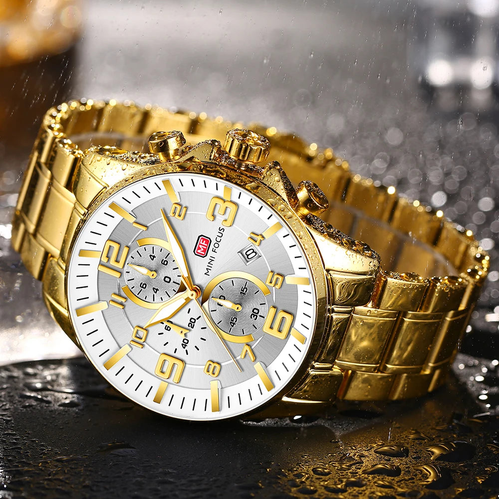 MINIFOCUS Golden Mens Luxury Watch Bold Large Dial Luminous Waterproof Stainless Steel Best Seller Middle East for Business Man