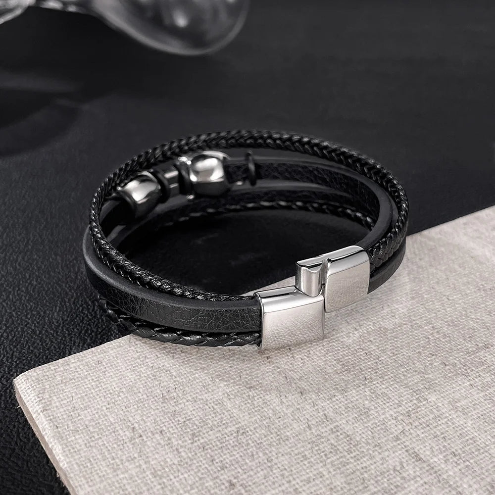 Men’s Leopard Head Leather Bracelet – Trendy Braided Wristband with Stainless & Titanium Steel, Bold Animal-Inspired Design