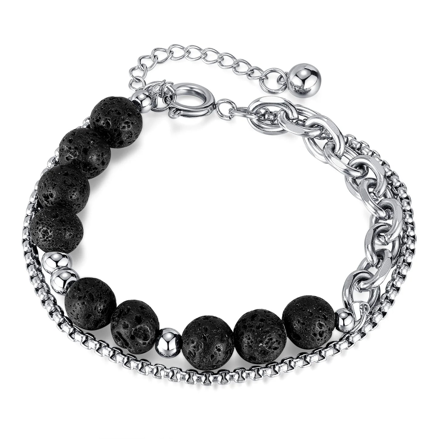 Men’s Double-Layer Lava Stone Chain Bracelet – Creative Stainless Steel Beaded Wristband, Street Style Fashion Accessory