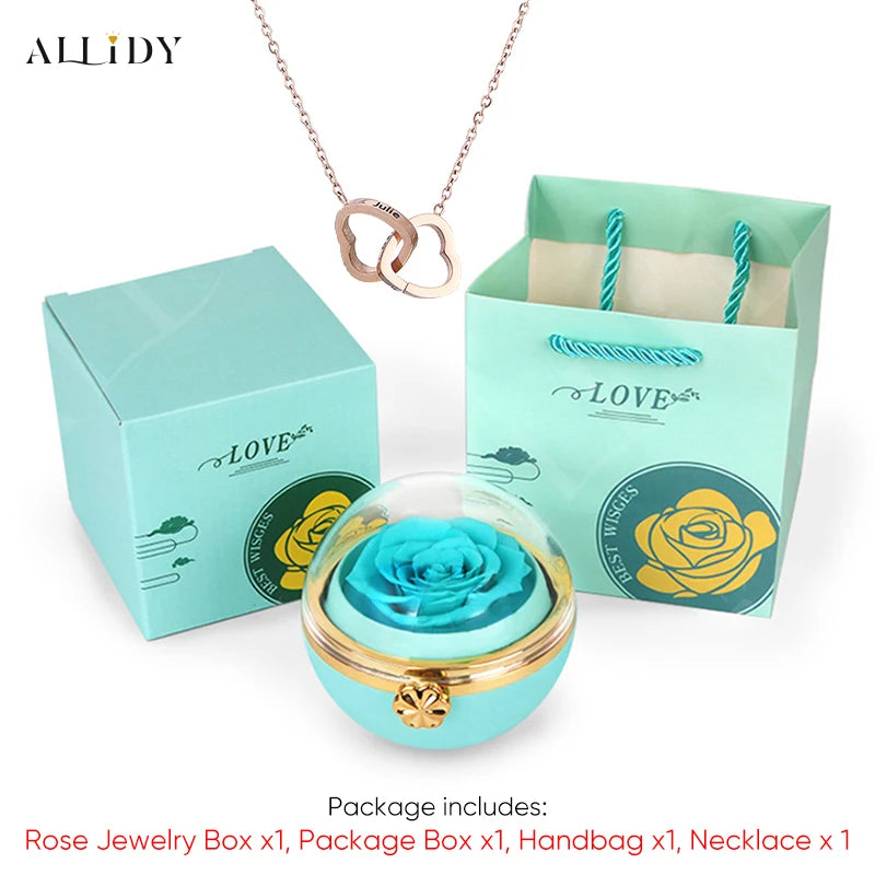 New Surprise Gift Idea Preserved Rose Round Ring or Necklace Jewelry Gift Box with Engraved Name Necklace for Girl Friend Mum