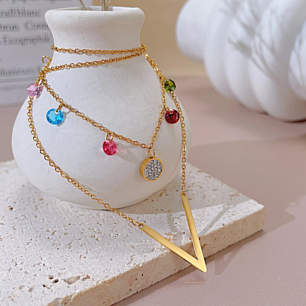 Trendy Double Layer Clavicle Necklace – Minimalist Stainless Steel Chain with Colorful Zircon for Women