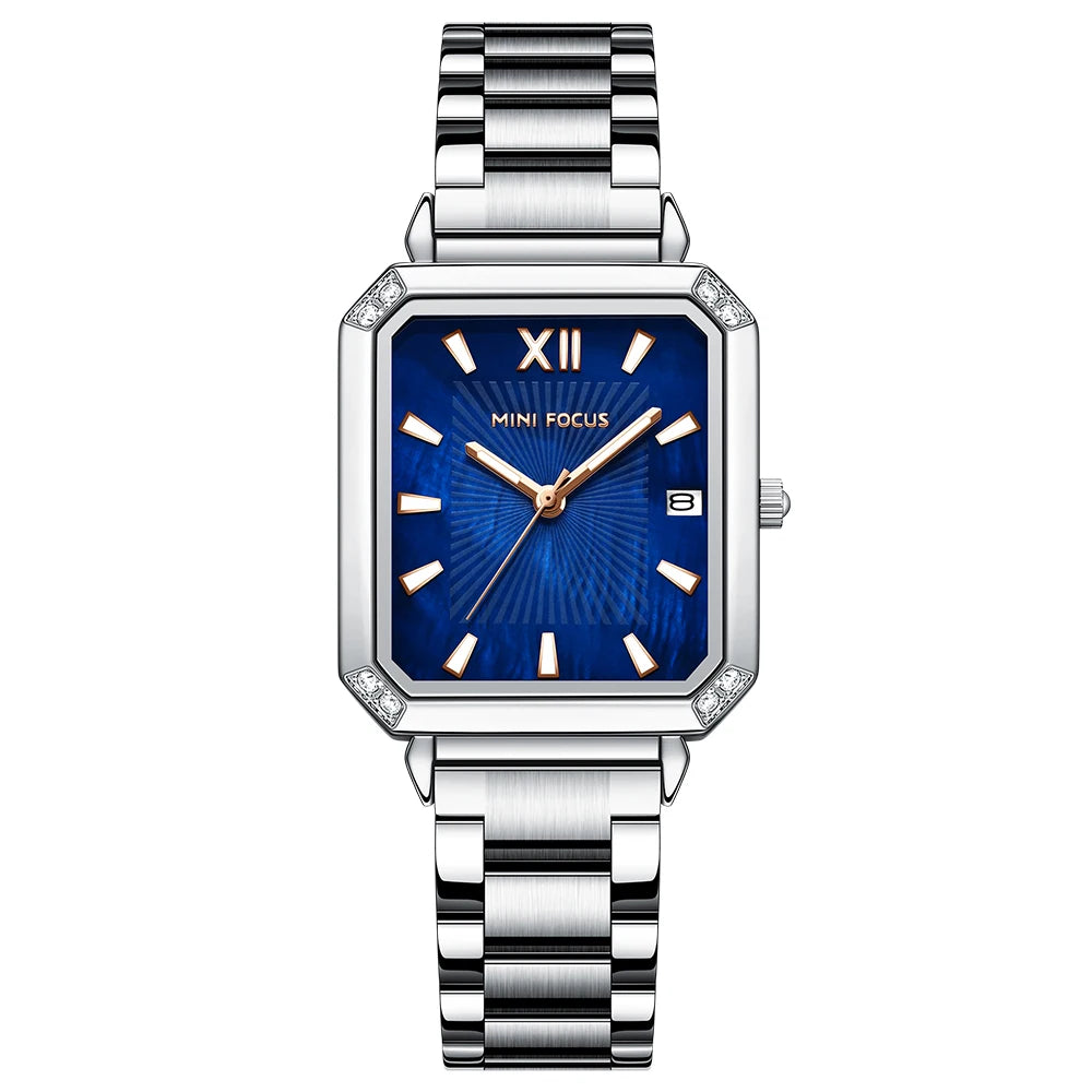 MINIFOCUS Women's Luxury Mini Square Watch Mother-of-Pearl Dial Luminous Stainless Steel Band Fashion Watch Gift for Women