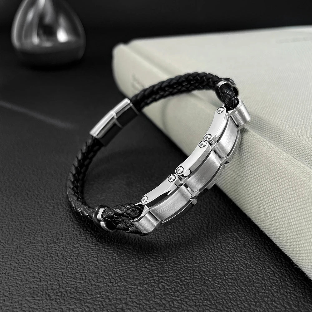 Men’s Biker Chain Leather Bracelet – Double Layer Braided Wristband with Creative Stainless Steel Design, Hip Hop Style