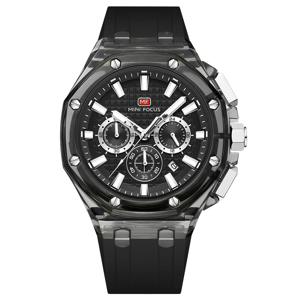 MINIFOCUS Trendy Mens Watch Ultra Lightweight Octagonal Transparent Case Multifunction Quartz Luminous Fashion Sport Watch