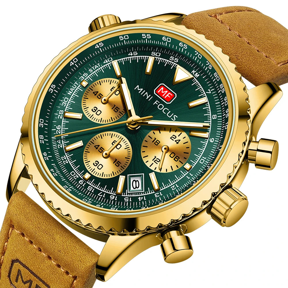 MINIFOCUS Mens Multifunction Quartz Watch Aviation Chronograph Genuine Leather Strap Water Resistant Luminous Fashion Casual