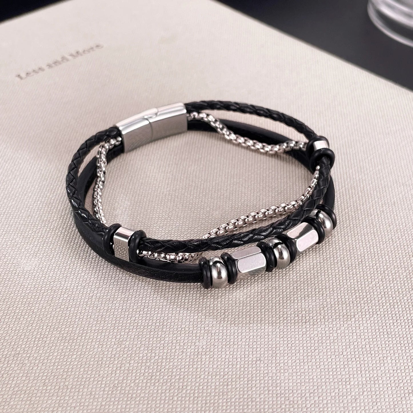 Men’s Creative Multi-Layer Leather Bracelet – Vintage Braided Wristband with Stainless Steel Chain Accents