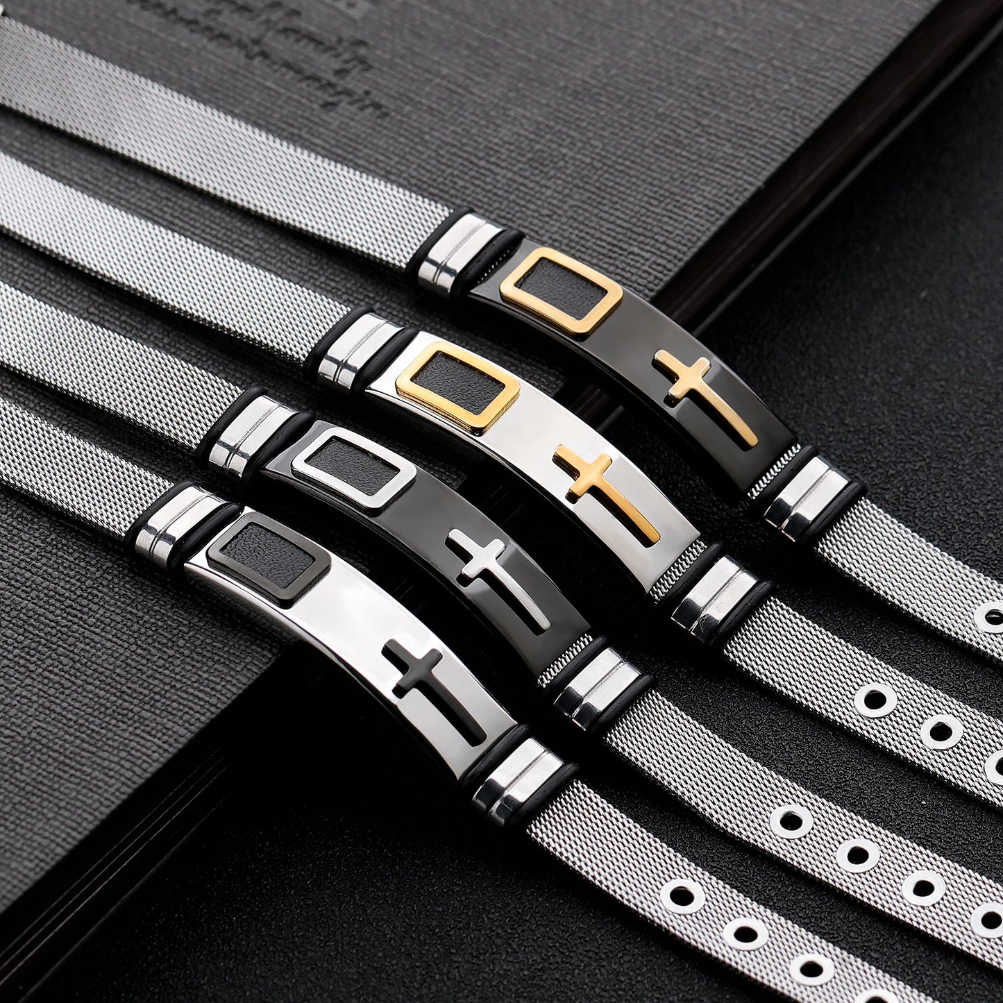 Menโs Vintage Punk Cross Bracelet โ Titanium Steel Mesh Band Wristband, Gothic Fashion Jewelry