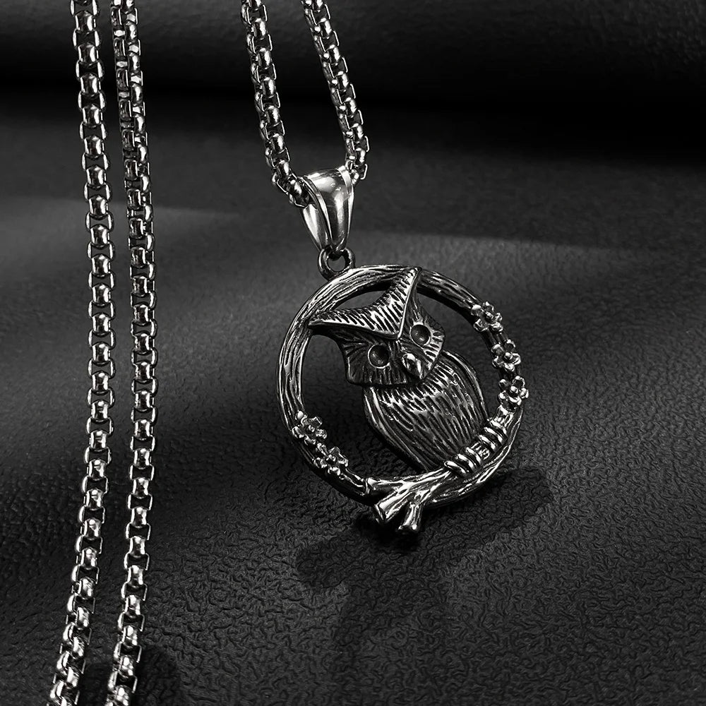 Men’s Vintage Owl Pendant Necklace – Creative Stainless Steel Animal Jewelry with Retro Style