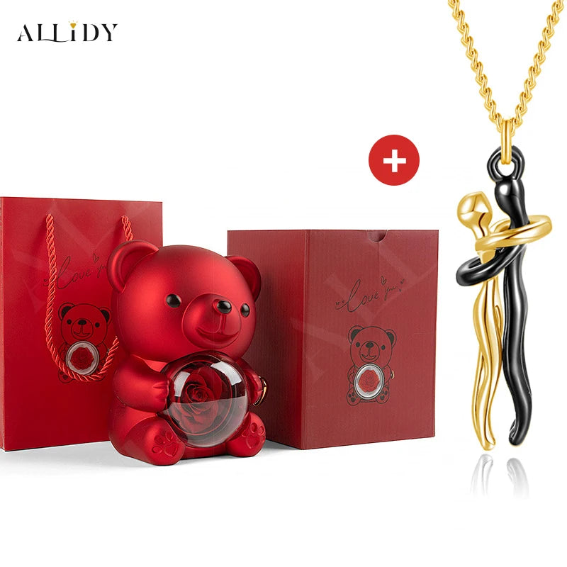 Hip Hop Embrace Couple Pendant Necklace Adjustable Hugging Pendant Necklace and Eternal Rose Bear Jewelry Box Valentine Day Gift