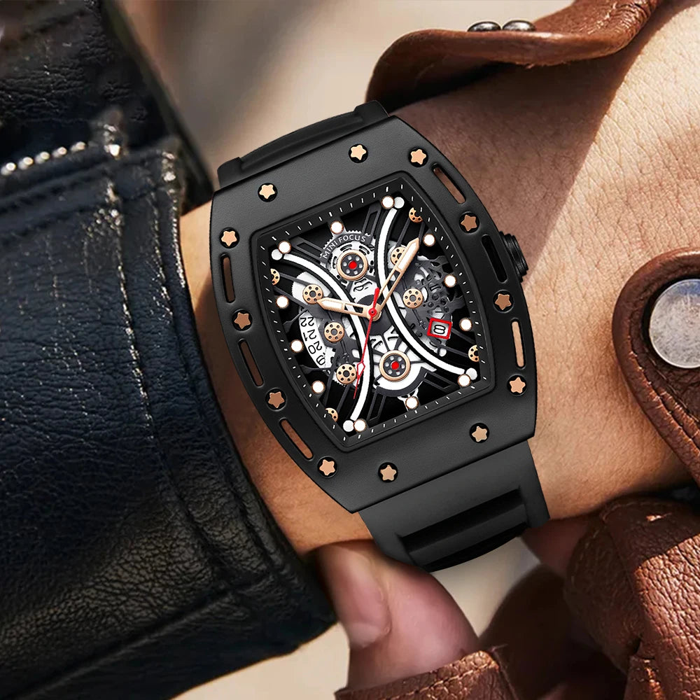 MINIFOCUS Men’s Hot Barrel‑Shaped Sport Watch Curved Glass Skeleton Dial Automatic Luminous Waterproof Watch Gift for Boyfriend