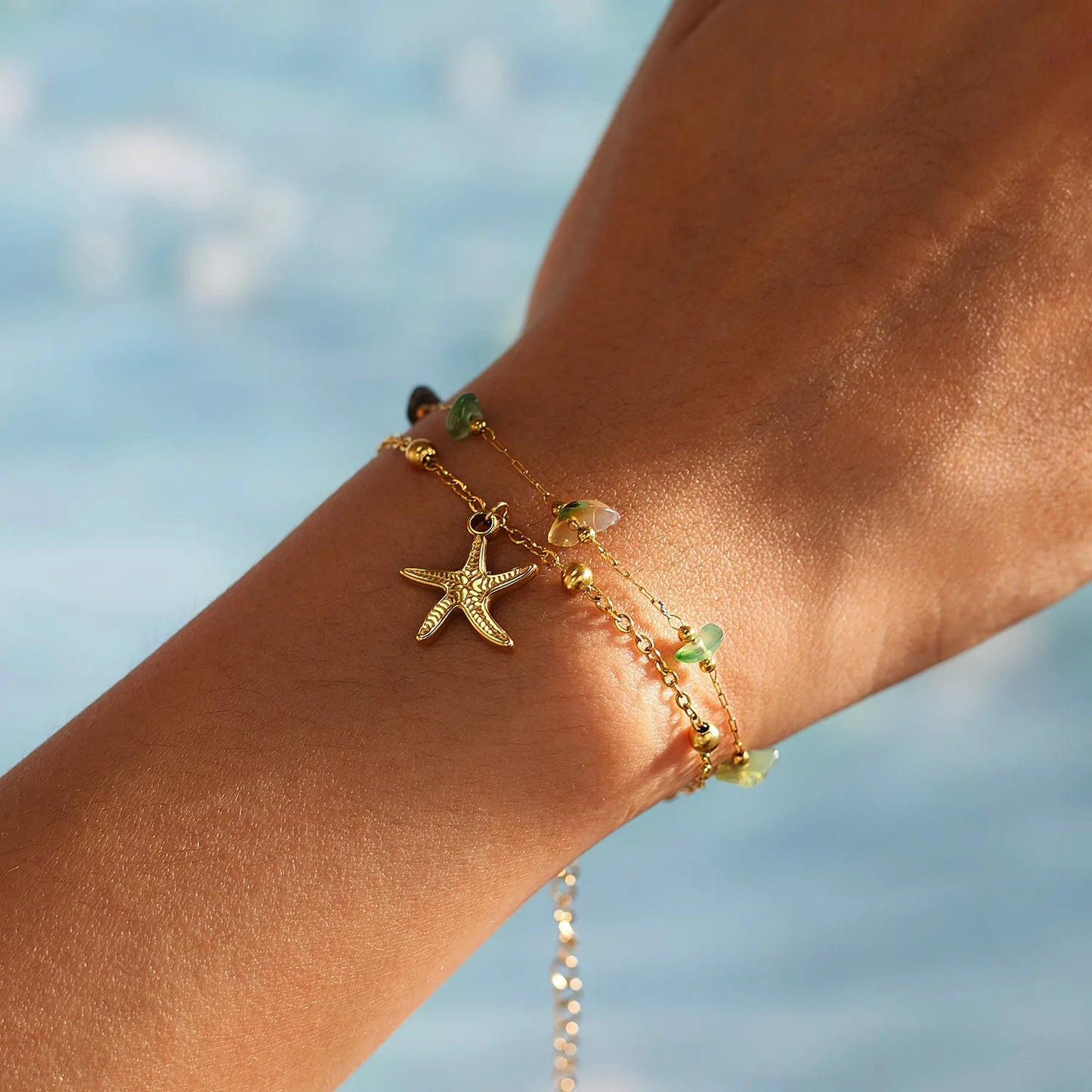 Boho Starfish Natural Stone Double Layer Bracelet for Women – Stainless Steel Minimalist Titanium Chain Jewelry