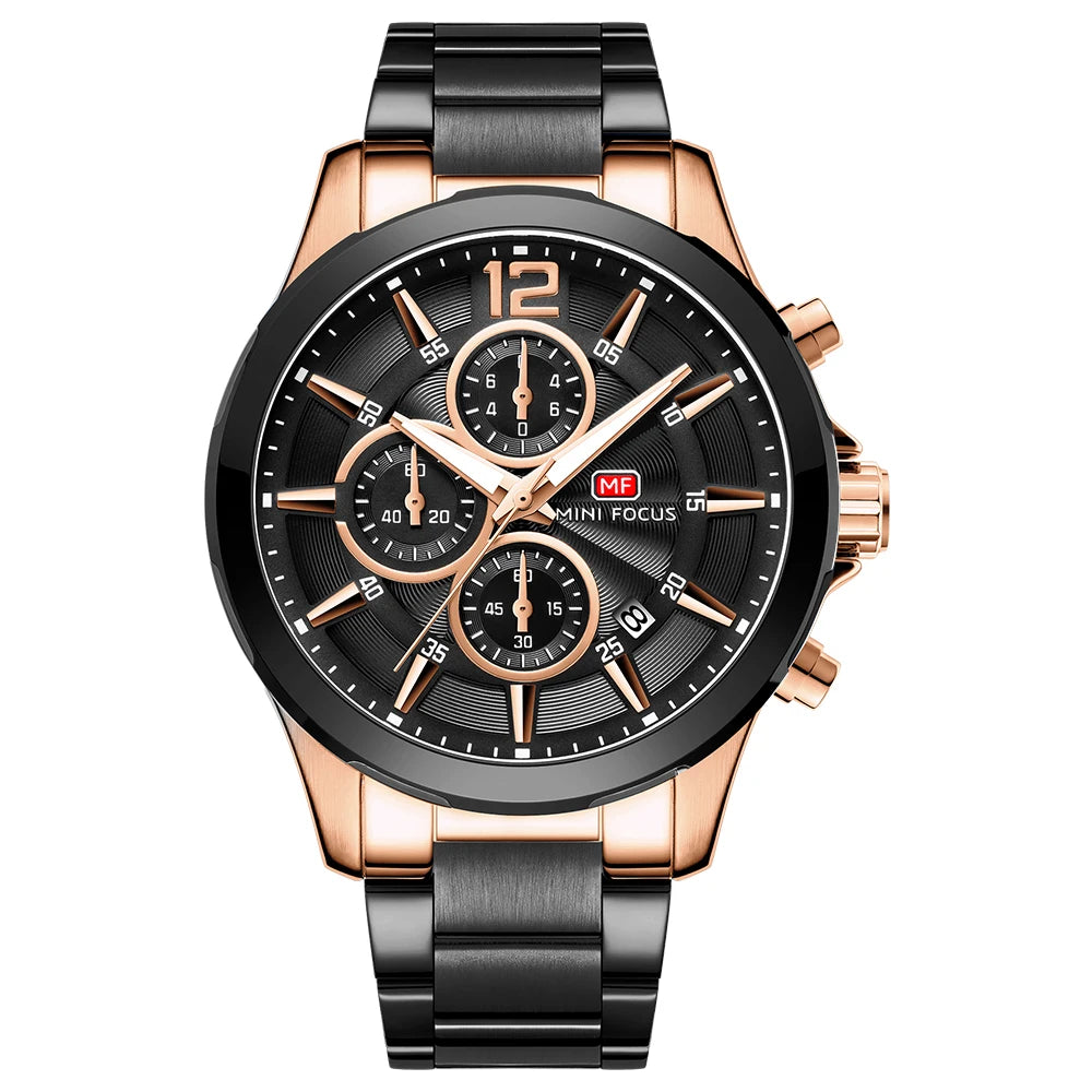 MINIFOCUS Men’s Luxury Automatic Mechanical Watch Six‑Hand Chronograph Date Luminous Waterproof Stainless Steel Band Business