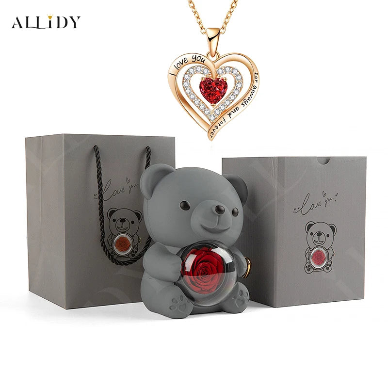 Luxury Red Zircon Pendant Necklaces With Rose Bear Gift Box For Girlfriend Women I Love You Gifts 2024 Trendy Wedding Jewelry