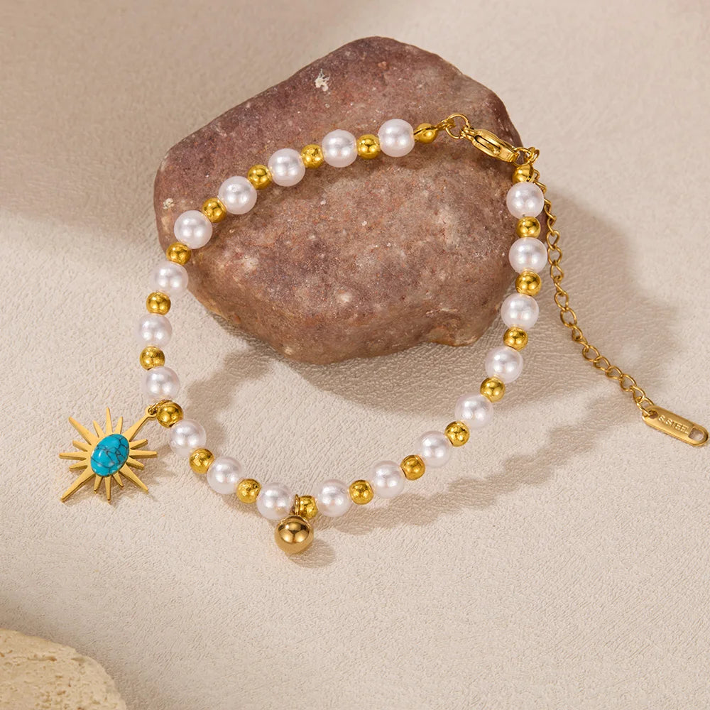 Vintage French Style Geometric Pearl Turquoise Bracelet – Creative Stainless Steel Chain Jewelry for Women