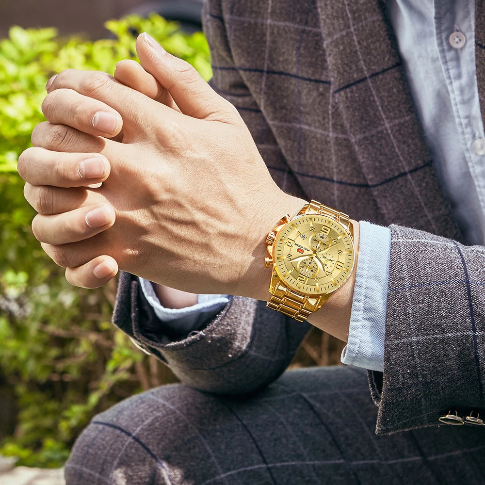MINIFOCUS Golden Mens Luxury Watch Bold Large Dial Luminous Waterproof Stainless Steel Best Seller Middle East for Business Man