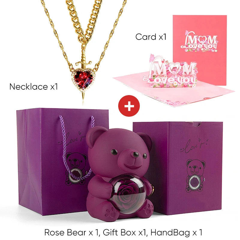 Mother's Day 3D Card Red Zircon Heart and Sword Necklace Double Necklace Real Rose Hug Bear Mothers Day Jewelry Gift Set for Mom