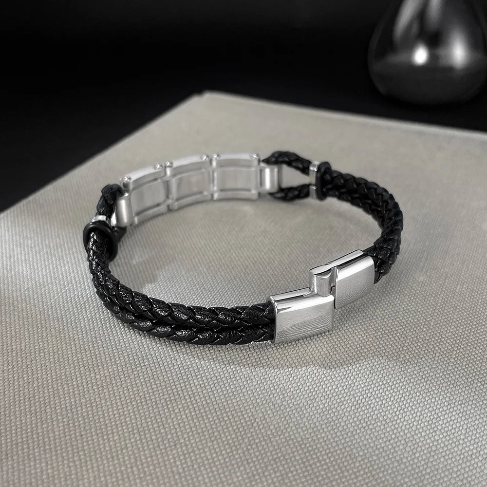 Men’s Biker Chain Leather Bracelet – Double Layer Braided Wristband with Creative Stainless Steel Design, Hip Hop Style
