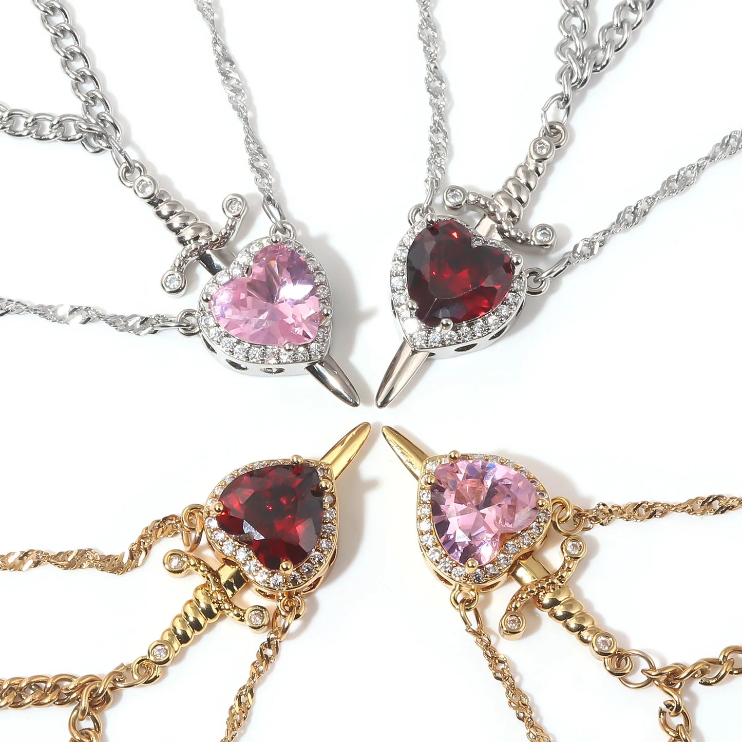 Heart and Sword Zircon Crystal Necklace 2pcs Women New Fashion Double Chain Pendant Female Mother's Day Gifts for Mom/Women