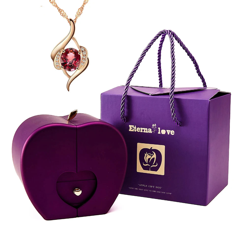 Creative Mother's Day Gift Set Eternal Rose Jewelry Box & Red Gemstone Stainless Steel Necklace Surprise Gift for Mom