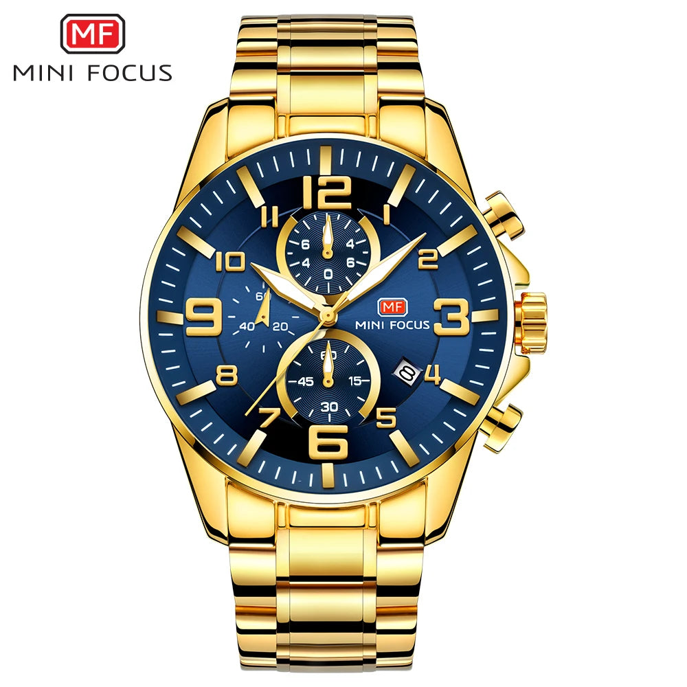 MINIFOCUS Golden Mens Luxury Watch Bold Large Dial Luminous Waterproof Stainless Steel Best Seller Middle East for Business Man