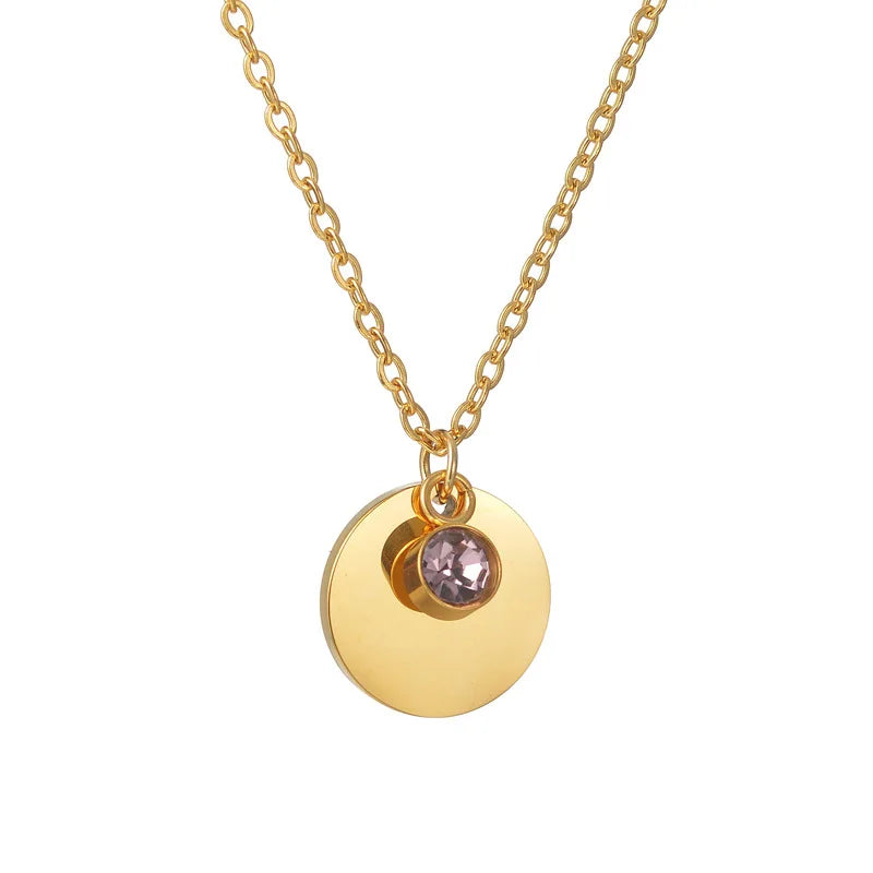 Stainless Steel Personalized Engraved Round Birthday Stone Pendant Necklace with Preserved Rose in Rotating Flower Gift Box