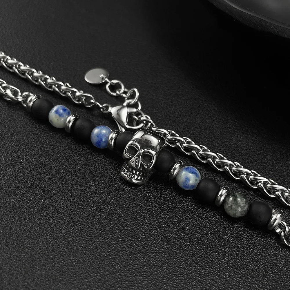 Men’s Skull Pendant Necklace – Stainless Steel Blue Dot Stone & Matte Beads Gothic Punk Jewelry