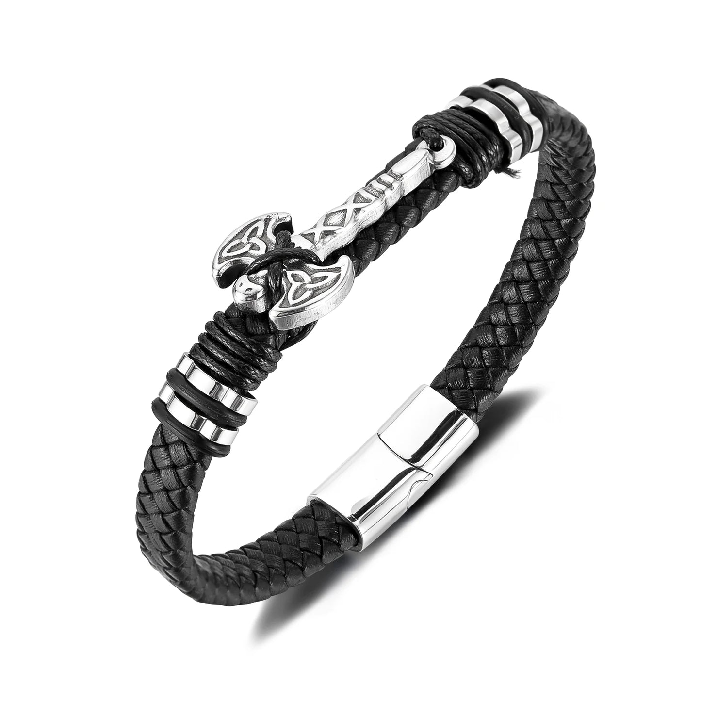 Men’s Axe Pendant Leather Bracelet – Braided Leather Wristband with Stainless & Titanium Steel, Bold Urban Style
