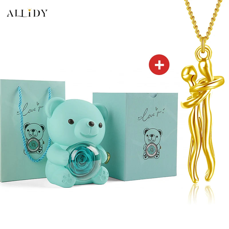 Hip Hop Embrace Couple Pendant Necklace Adjustable Hugging Pendant Necklace and Eternal Rose Bear Jewelry Box Valentine Day Gift