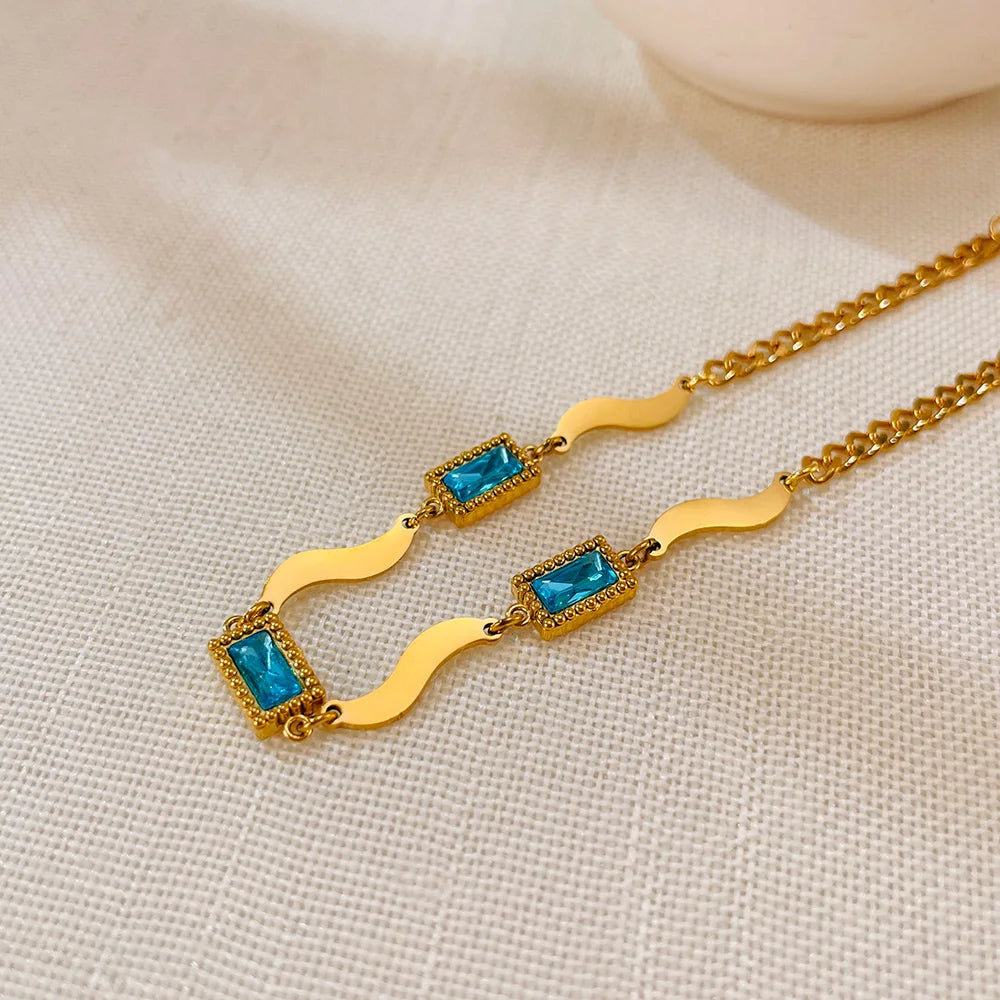 French Style Minimalist Blue Crystal Bracelet – Square Glass Zircon Charm Women’s Stainless Steel Gold-Plated Chain Jewelry