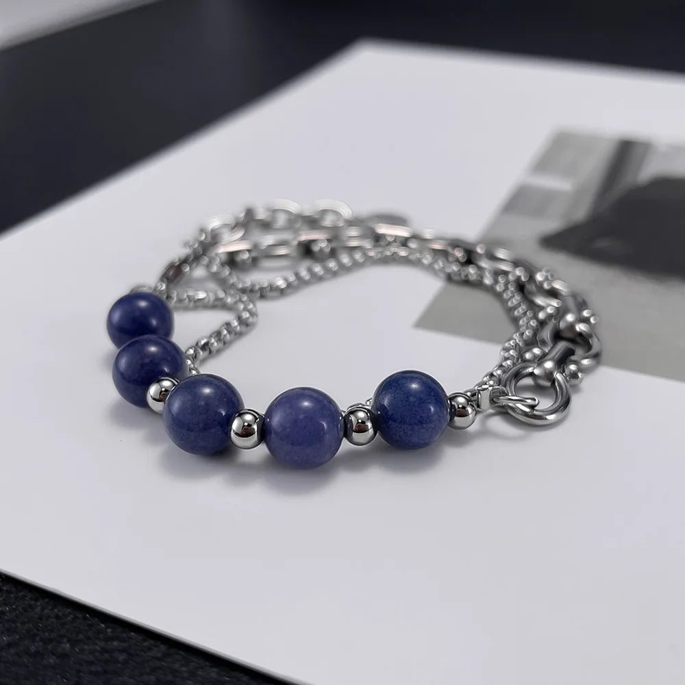 Unisex Double-Layer Chain Bracelet – Stainless Steel with Aventurine Stone, Niche Fashion Design for Men and Women