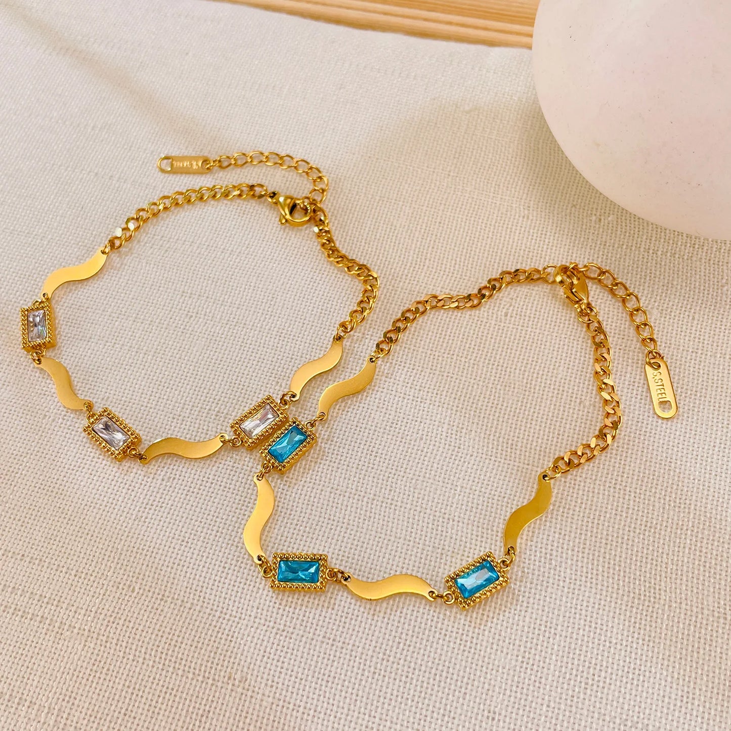 French Style Minimalist Blue Crystal Bracelet – Square Glass Zircon Charm Women’s Stainless Steel Gold-Plated Chain Jewelry