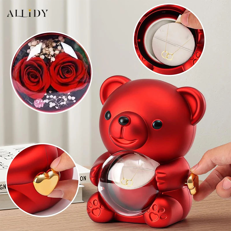 New Double Rose Eternal Rose Teddy Bear Jewelry Box with Custom Engraved Pendant Necklace – Perfect Valentine's Day Gift for Wom