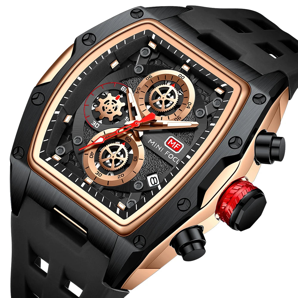 MINIFOCUS Luxury Mens Racing Sports Watch Barrel Skeleton Dial Waterproof Luminous Wristwatch Outdoor Business Watch for Man