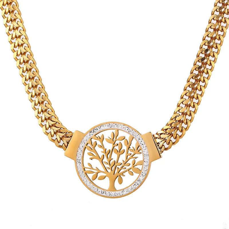 Vintage Fashion Life Tree Pendant Necklace Hollow Zircon Stainless Steel Necklace Bracelet Earrings Jewelry Set Women's