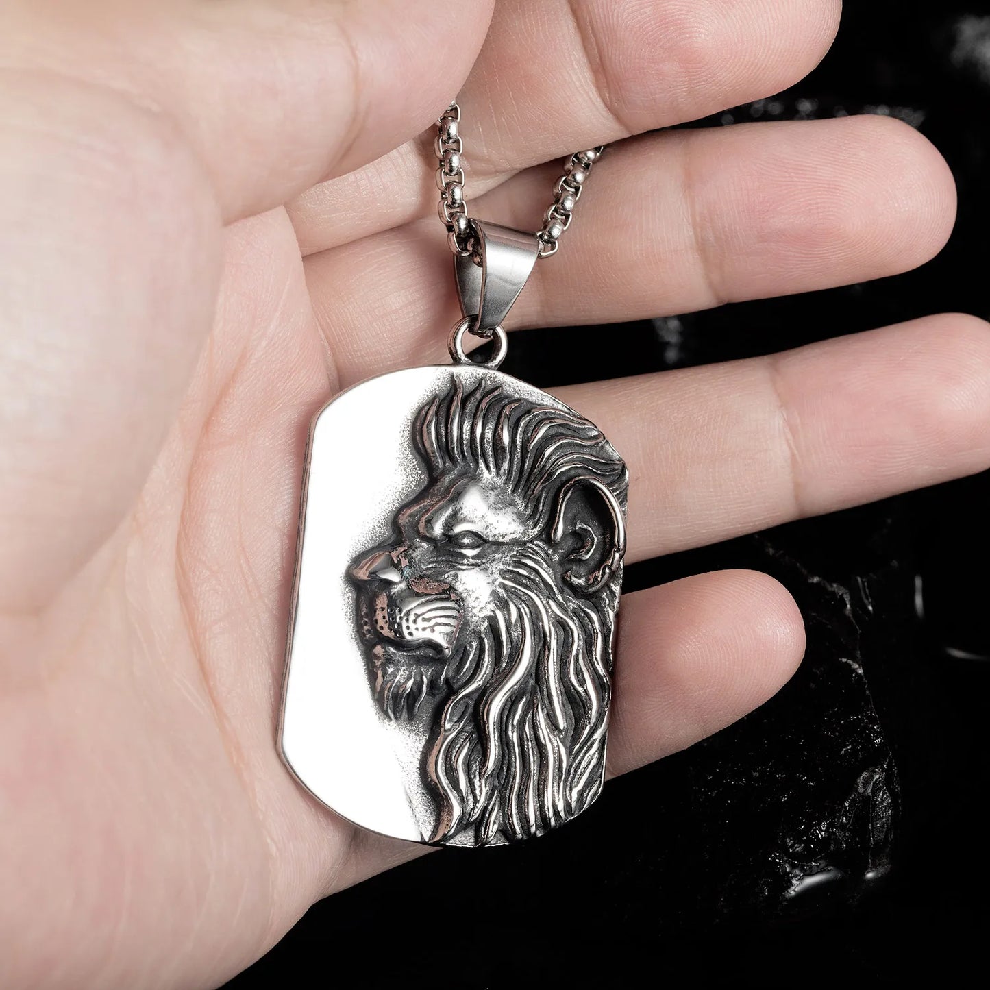 Men’s Bold Lion Head Dog Tag Necklace – Vintage Stainless Steel Pendant Chain, Power & Strength Streetwear Jewelry