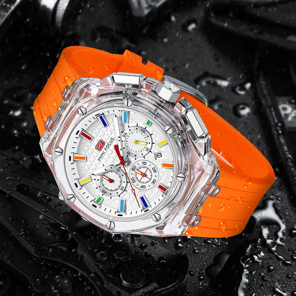 MINIFOCUS Trendy Mens Watch Ultra Lightweight Octagonal Transparent Case Multifunction Quartz Luminous Fashion Sport Watch